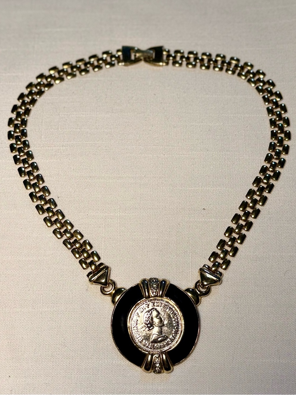 Queen Elizabeth II Coin Enamel Necklace Vintage Estate Find in Great Condition!